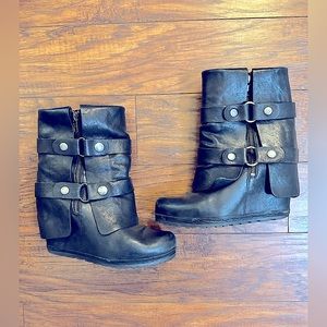 Vera Wang Lavender Black Leather Wedge Moto/Edgy Boots